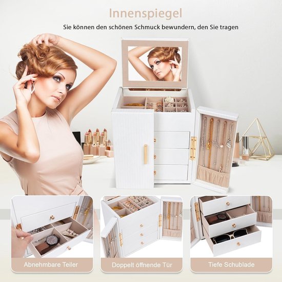 Vlando Sieradenkistje, juwelenkistje, grote sieradendoos voor dames, met 6 niveaus lades van imitatieleer, voor sieraden, org aanbieding bij Amazon