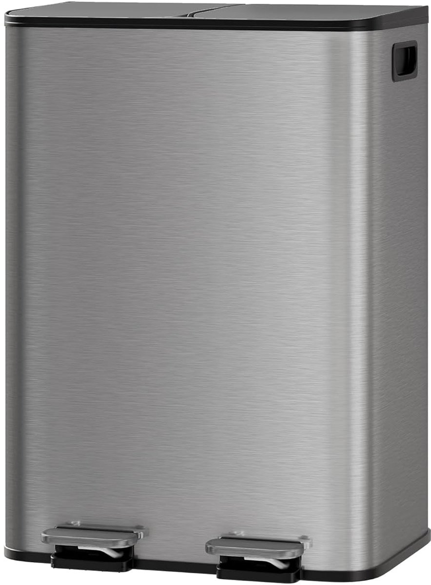 Prullenbak - 30L dubbele pedaalemmer RVS (2 x 15L) - afvalscheiding voor de keuken, soft-close deksel, uitneembare binnenemmers - Grijs