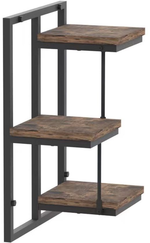 Drielaags wandrek met een zwart metalen frame en verweerde houten planken.