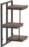 Drielaags wandrek met een zwart metalen frame en verweerde houten planken.
