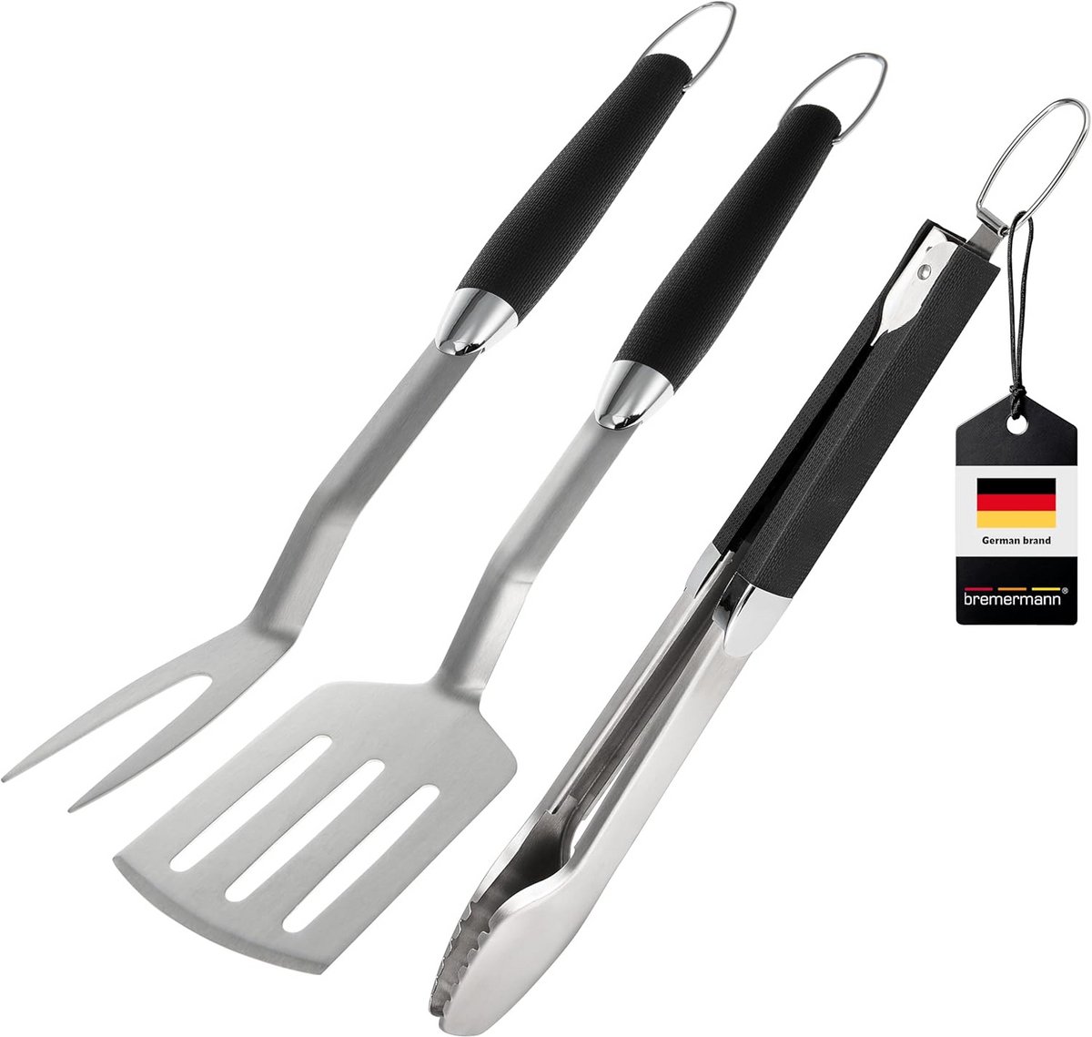3-delige RVS Grillset met Tang, Spatel en Vleesvork met Softgrip