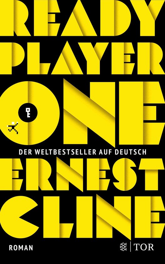 Boek "Ready Player One" van Ernest Cline. De titel is geel met een 8-bit pixelpersonage op de letter O.