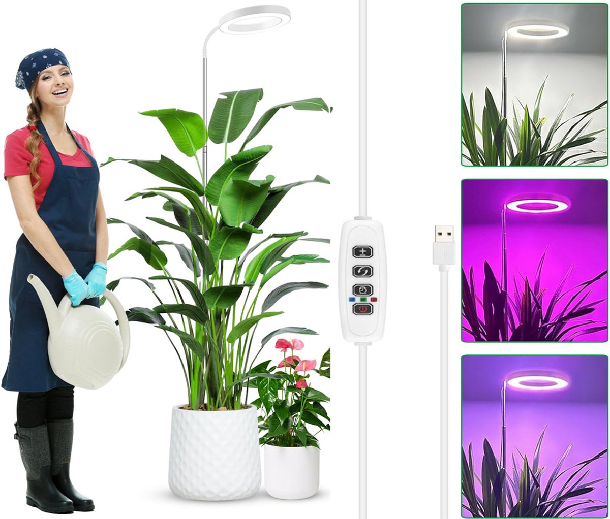 MUPOO Groeilamp Planten Wit 72LEDS met Hoogte Verstelbaar (35-155cm)- Kweeklamp LED met Full Spectrum- Met Timer 3/9/12H & 10 Dimstanden -Ring plantenlamp-Plantenlamp voor Kamerplanten