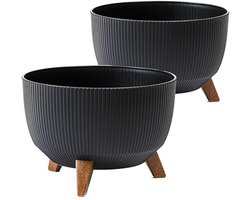 Bloempot met Voeten voor Buiten - Grote Zwarte Ronde Plantenbak (2-Pack), Diameter 40 cm