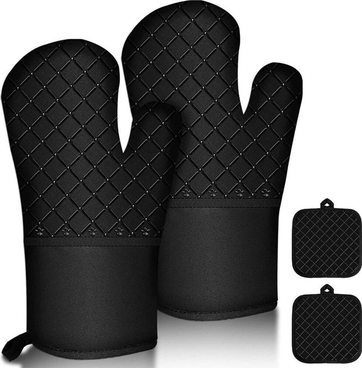 Gsedaox-Siliconen Ovenwanten-Set van 4-Ovenhandschoenen-Matten-Hittebestendig tot 300 °C-Zwart
