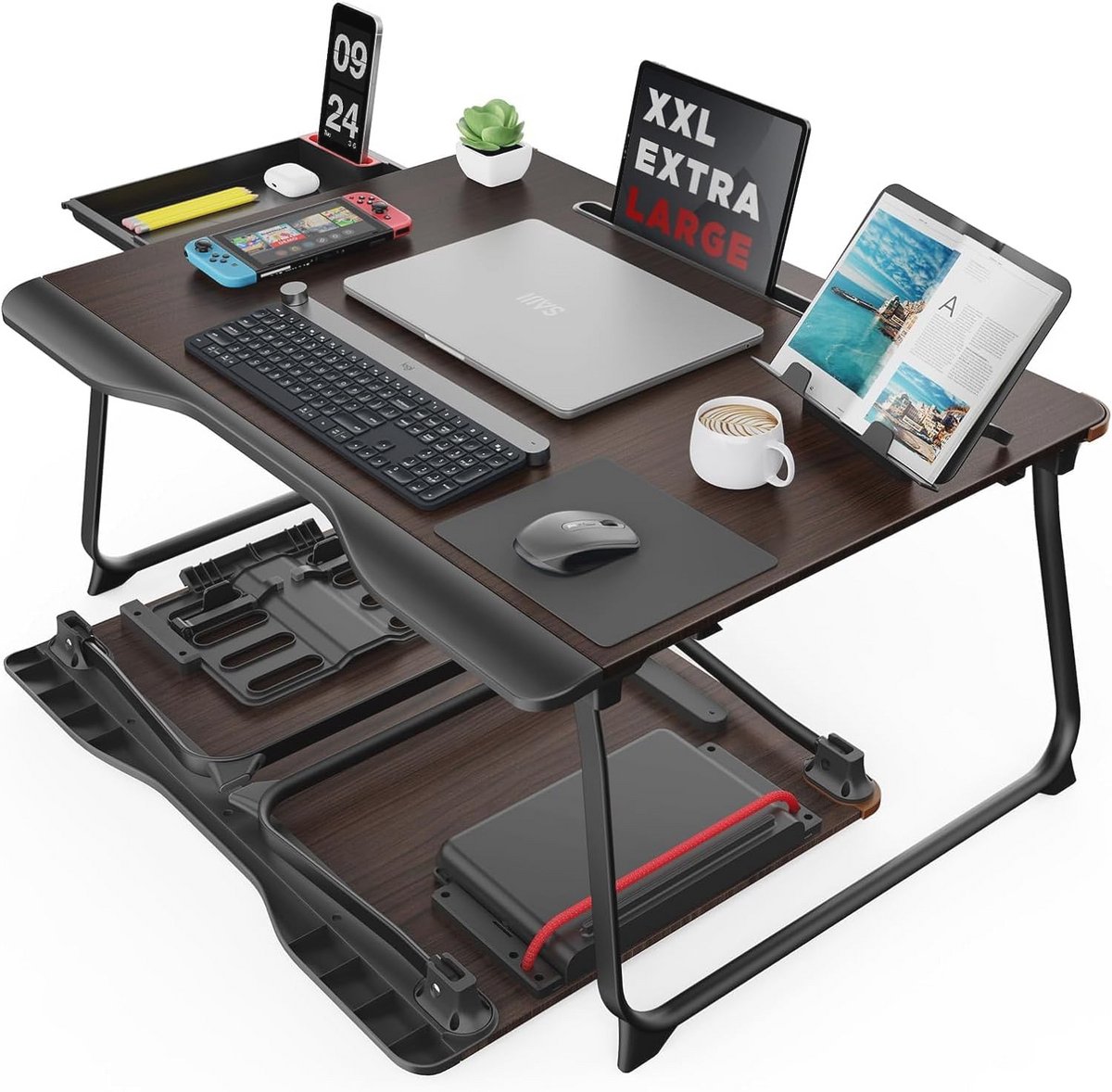Groot Opvouwbaar Dienblad met Boekenstandaard en Lade voor Laptop en Tablet