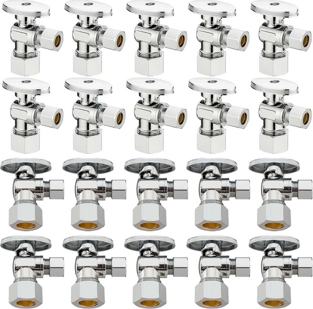 20x Hoekstopkraan 1/2" - 3/8" Compressie - Voor Toiletten en Wastafels - Messing Verchroomd