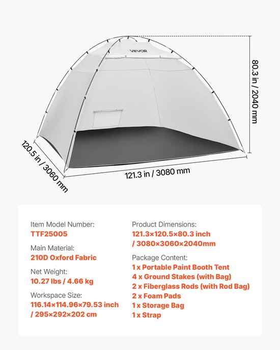VEVOR Draagbare Spuitcabine-tent (295x292x202 cm Werkoppervlak) Spuitcabine-tent voor Spuitverven, Waterdichte Spuitcabine met Geïntegreerde Vloer en Oproldeur voor Kasten, Stoelen en Tafels van Merkloos — afbeelding 4