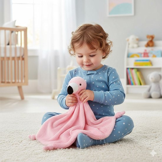 Pluche dieren setje roze flamingo knuffel rammelaar van 15 cm en tutteldoekje 40 cm van Funnies. — afbeelding 2
