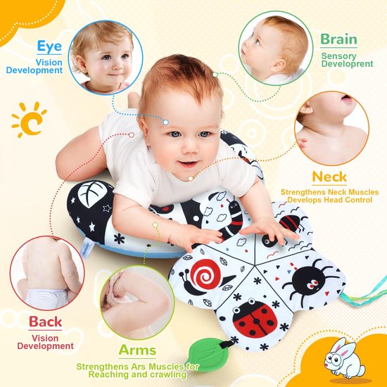 Buiktijdkussen, Hoog Contrast Buiktijdmat Met Zwart-witte Flitskaarten, Dubbelzijdig Buiktijdkussen Met Spiegel En Bijtring, Babyspeelgoed Voor Pasgeboren Baby's Van 0-12 Maanden — afbeelding 3