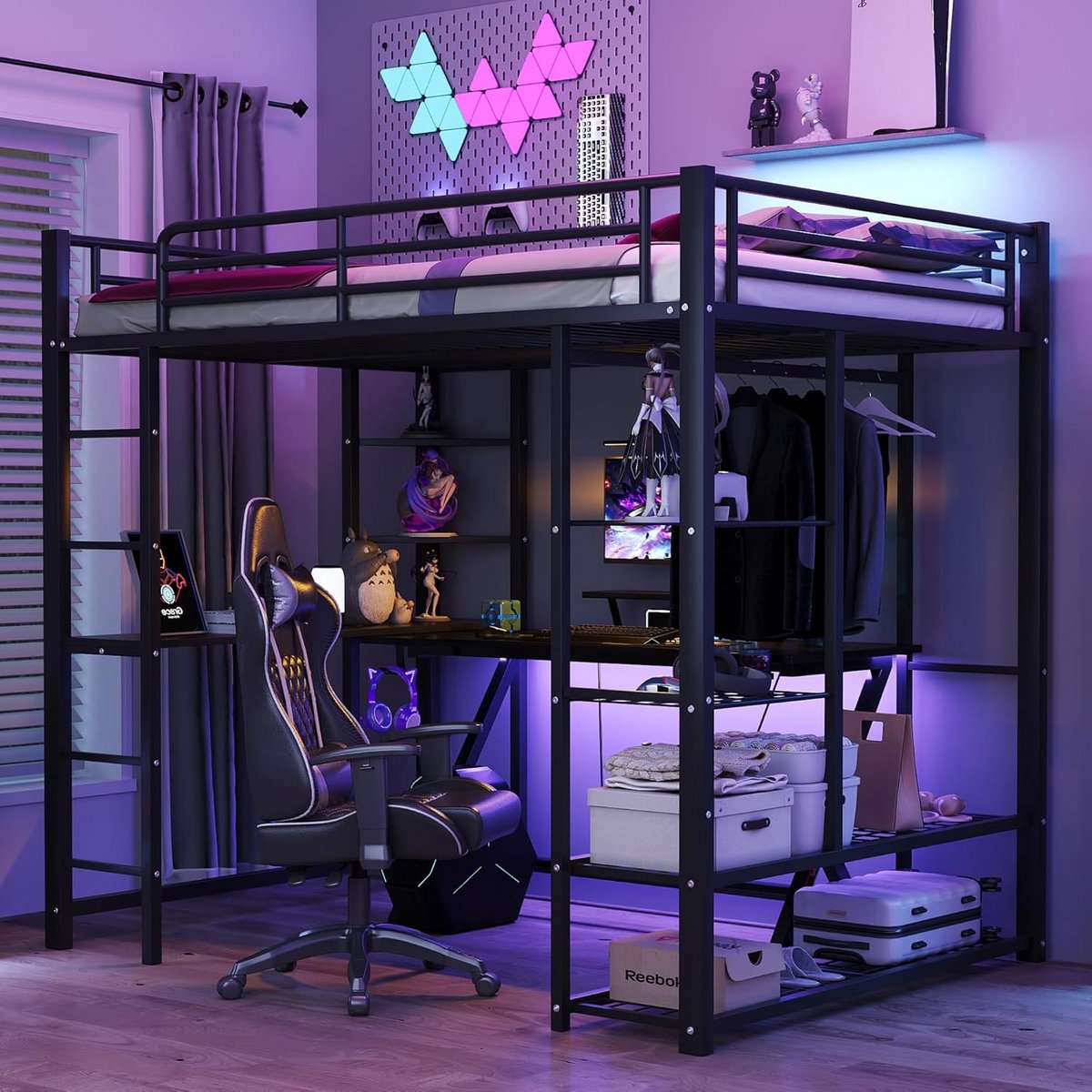 Loftbed 140x200 cm met bureau en planken - ideaal voor tieners en volwassenen