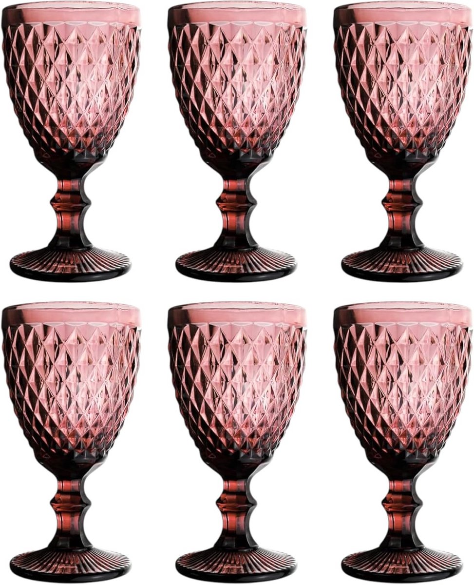 Set van 6 Vintage Wijnglazen - Waterglazen en Longdrinkglazen met Kristalstructuur