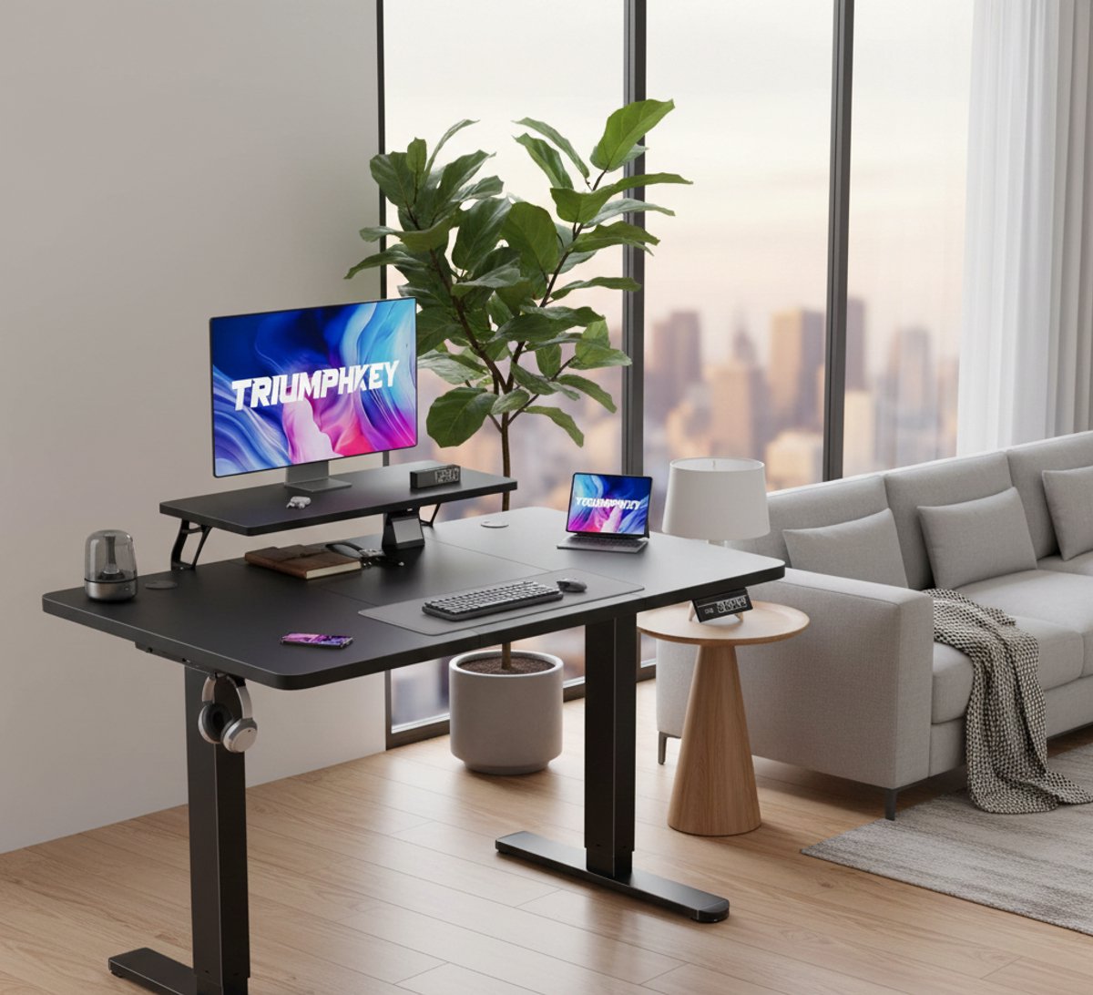Elektrisch Zit-Sta Bureau 120x60cm – Verstelbaar Sta Bureau met Memory Smart Panel, Monitor Verhoger & Opbergplank – Ergonomisch Home Office Werkplek – Zwart – House&Garden