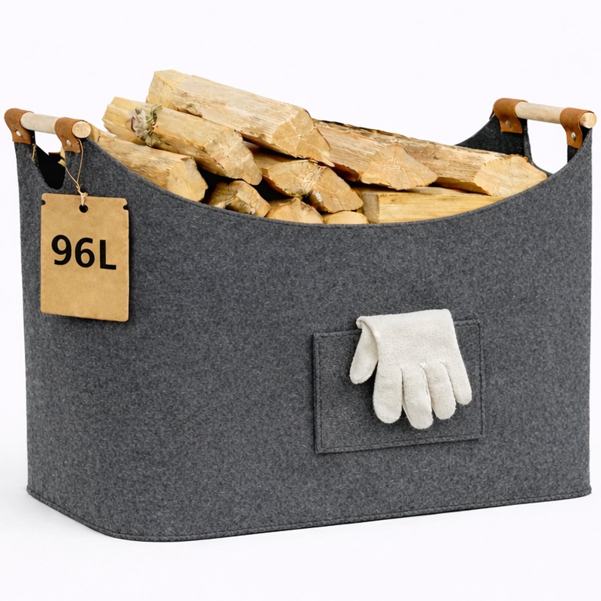 Ultiluxe® XXL Haardblokkentas voor brandhout - 96 L - Stevige haardhout opslag met handschoenen - Donkergrijs - Grote vilt opbergtas voor openhaardhout - Opbergmand met houten handvaten - Groot - 60 x 40 x 40 cm