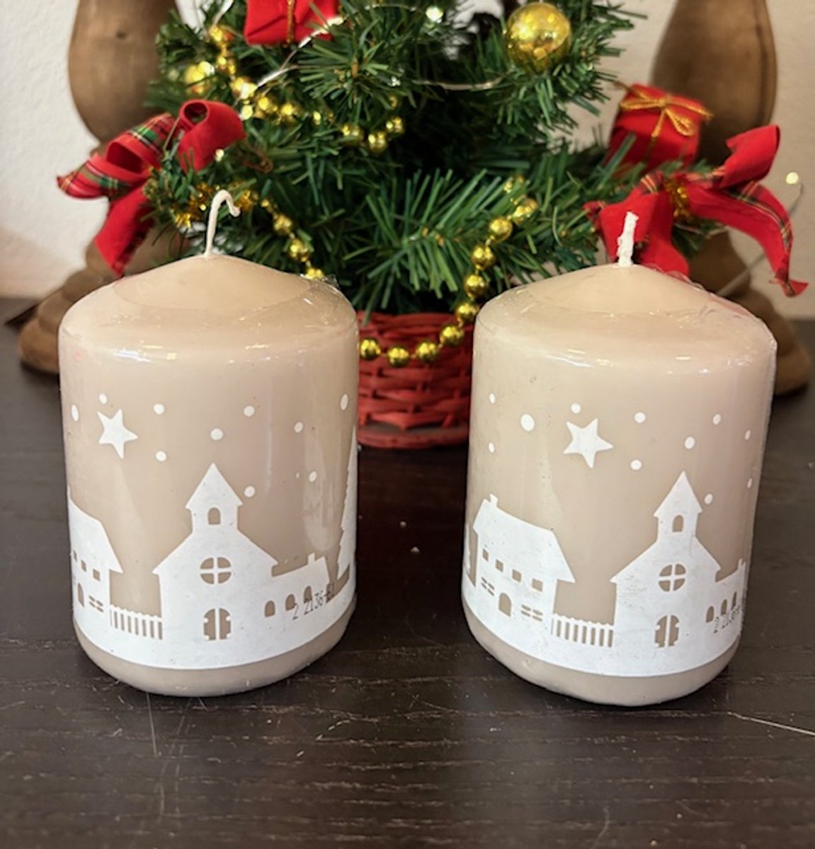 2 Stompkaarsen taupe kerstprint