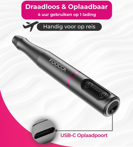 FOOCCA® Draadloze Elektrische Nagelvijl - Nagelfrees 20000 RPM - Oplaadbaar - Wireless - 12 Bitjes + 55 Schuurrolletjes + 3 Accessoires - Nagelstofkap - Manicure en Pedicure Set - Ergonomische Aluminium Behuizing - Eeltverwijderaar - Kalknagel