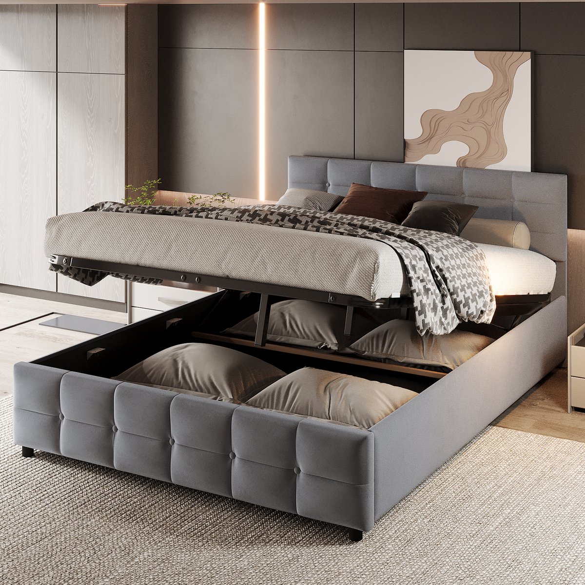 OKWISH Gestoffeerd Bed 180x200cm – Tweepersoonsbed Met Hydraulische Opberglift – Lattenbodem 24 Latten – Hollands Fluweel – Grijs – Zonder Matras