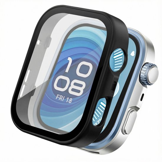 Zwarte horlogekast met screenprotector naast een smartwatch.