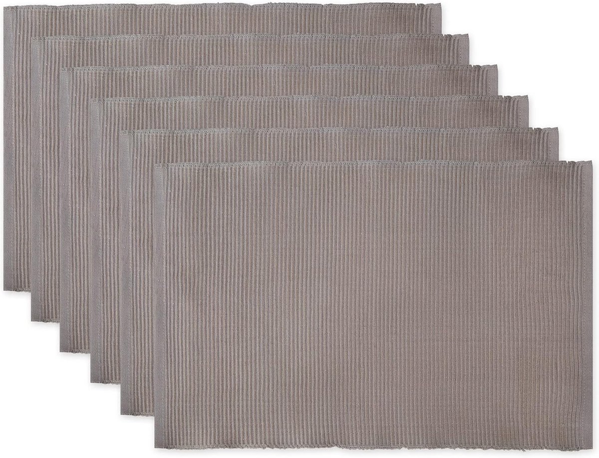 Set van 6 Geribbelde Katoenen Placemats - 33x48 cm - Grijs - Tafelbescherming