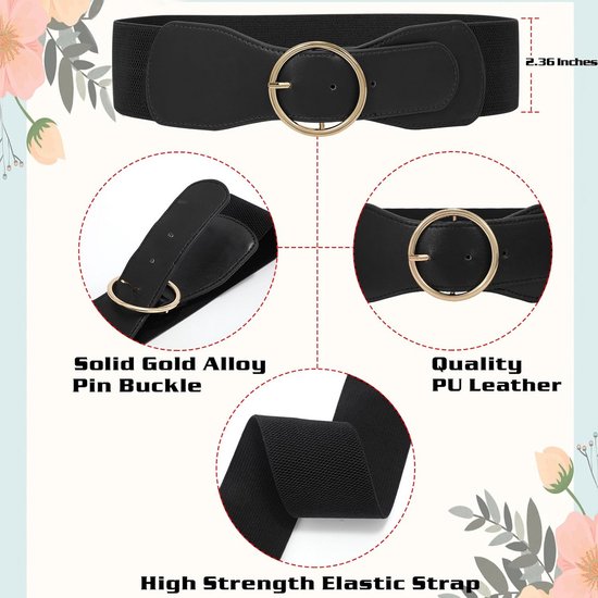 JIEYAO Brede elastische tailleriem voor vrouwen, vintage stretch tailleriem, elastische riem voor jurken met slotgesp, zwart, 26.7 inch