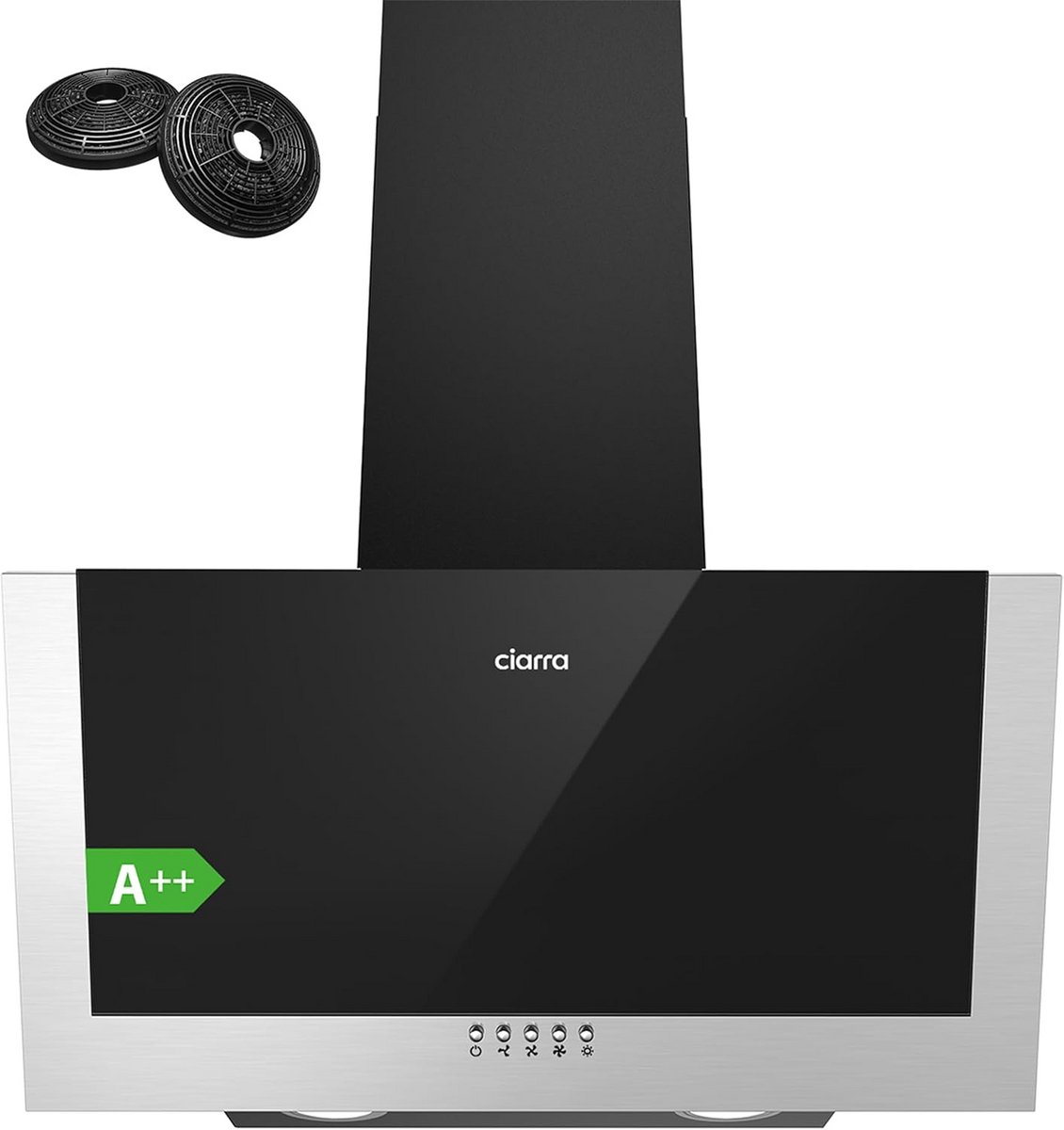 Schuine Afzuigkap 60cm Zwart - 350m³/u - Dubbele Recirculatie - Inclusief Koolstoffilter - Energieklasse A++