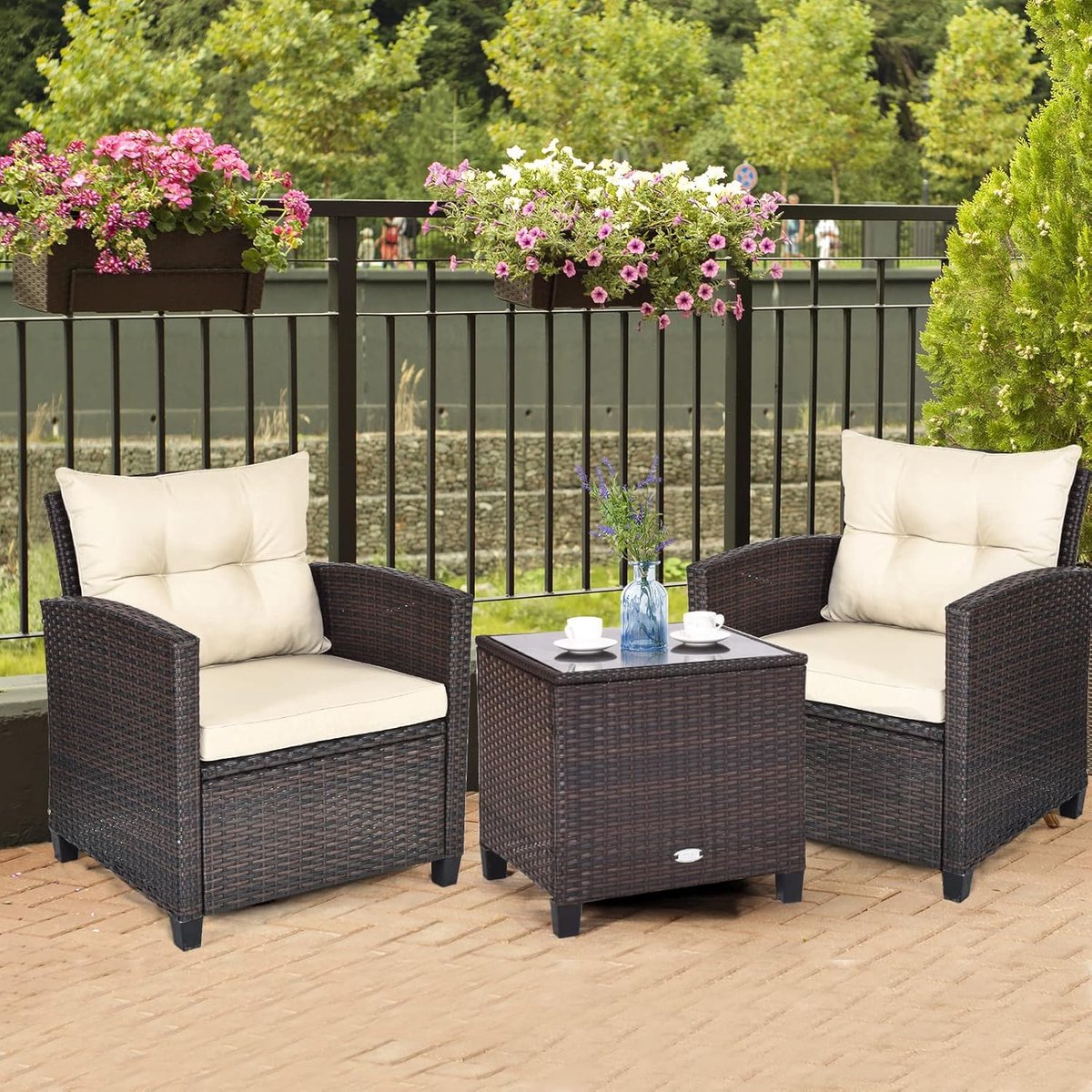 3-delige Rotan Tuinmeubelset met Tafel en Kussens – Balkon Loungeset voor 2 Personen – Weerbestendig Polyrotan – Stoelen 67×67×76 cm & Tafel 50×50×50 cm – Luxe Comfortset – Altameubel
