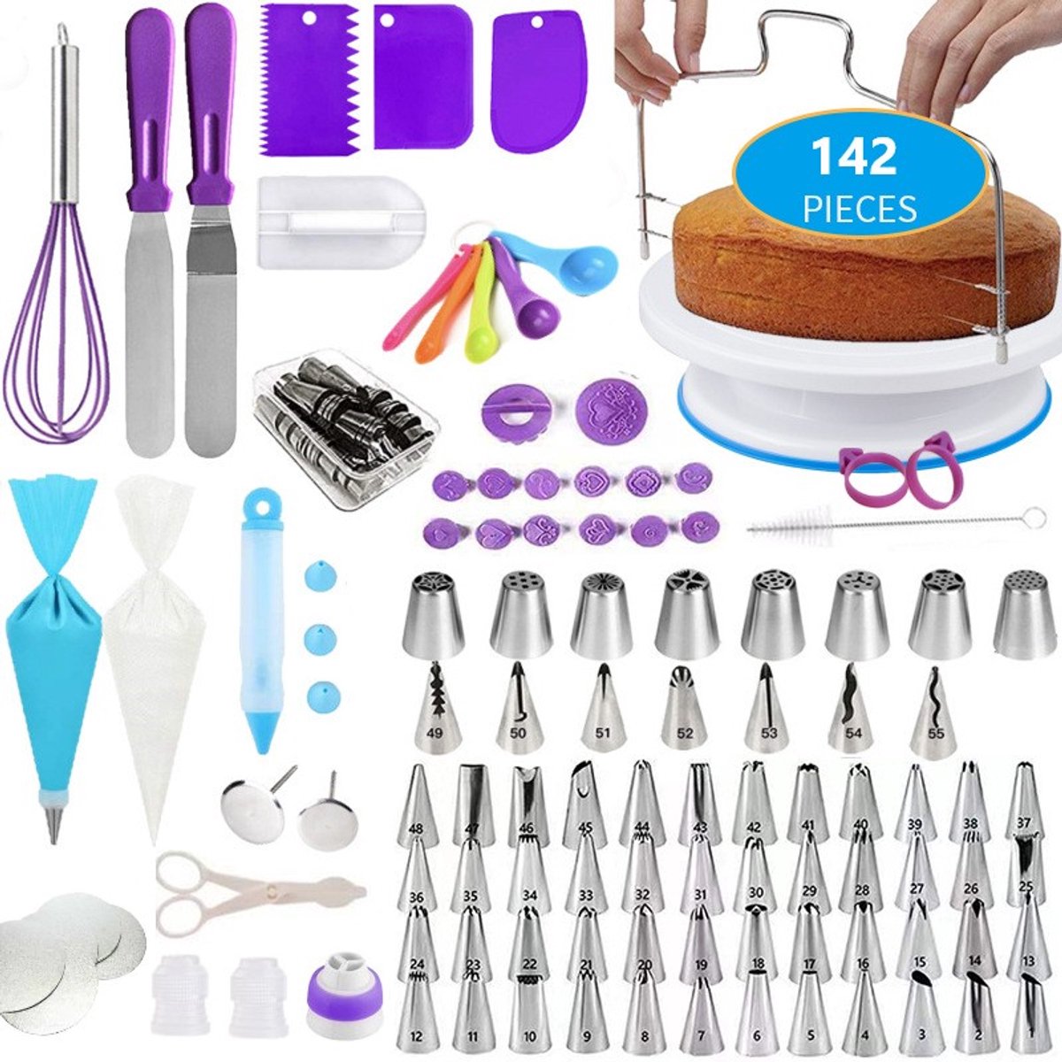 LivingHub 142-delige Taarten Bakken & Decoratie Set - Compleet Bakset met Spuitmondjes, Spuitzakken, Draaiend Taartplateau & Taartsnijder – Bakken en Decoreren