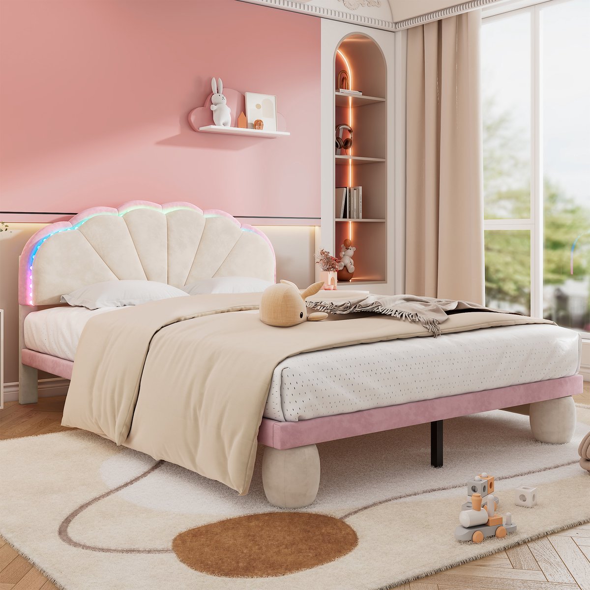 REDOM fluwelen kinderbed 140x200 cm – Beige/roze – Golvend hoofdeinde met wisselende LED-strepen – 225 kg Wit