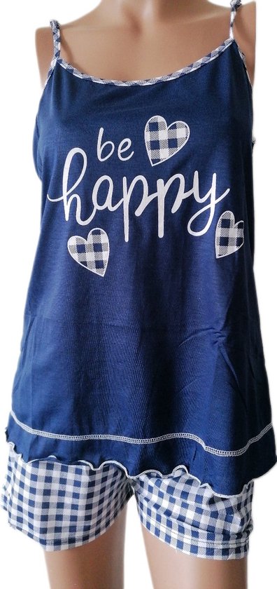 Donkerblauwe shortama met 'be happy' opdruk en hartjes, geruite randen, bijpassende geruite short.