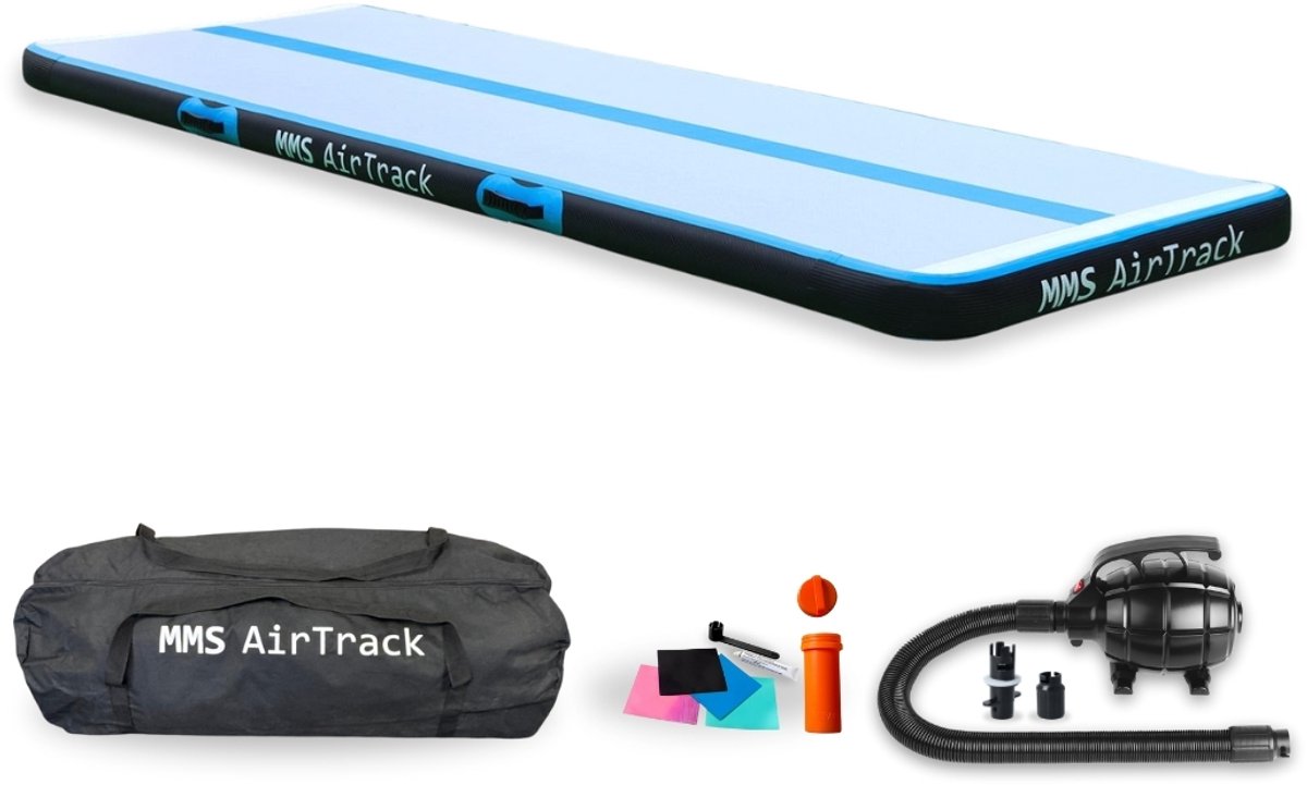 MMS AirTrack Turnmat – 400x100x10 cm – Opblaasbaar – Incl. Elektrische Pomp en Draagtas – Blauw