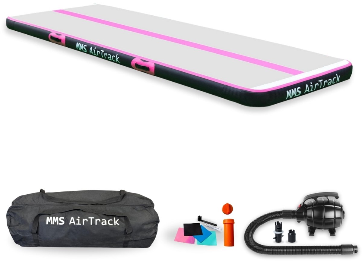 MMS AirTrack Turnmat – 300x100x10 cm – Opblaasbaar – Incl. Elektrische Pomp en Draagtas – Roze