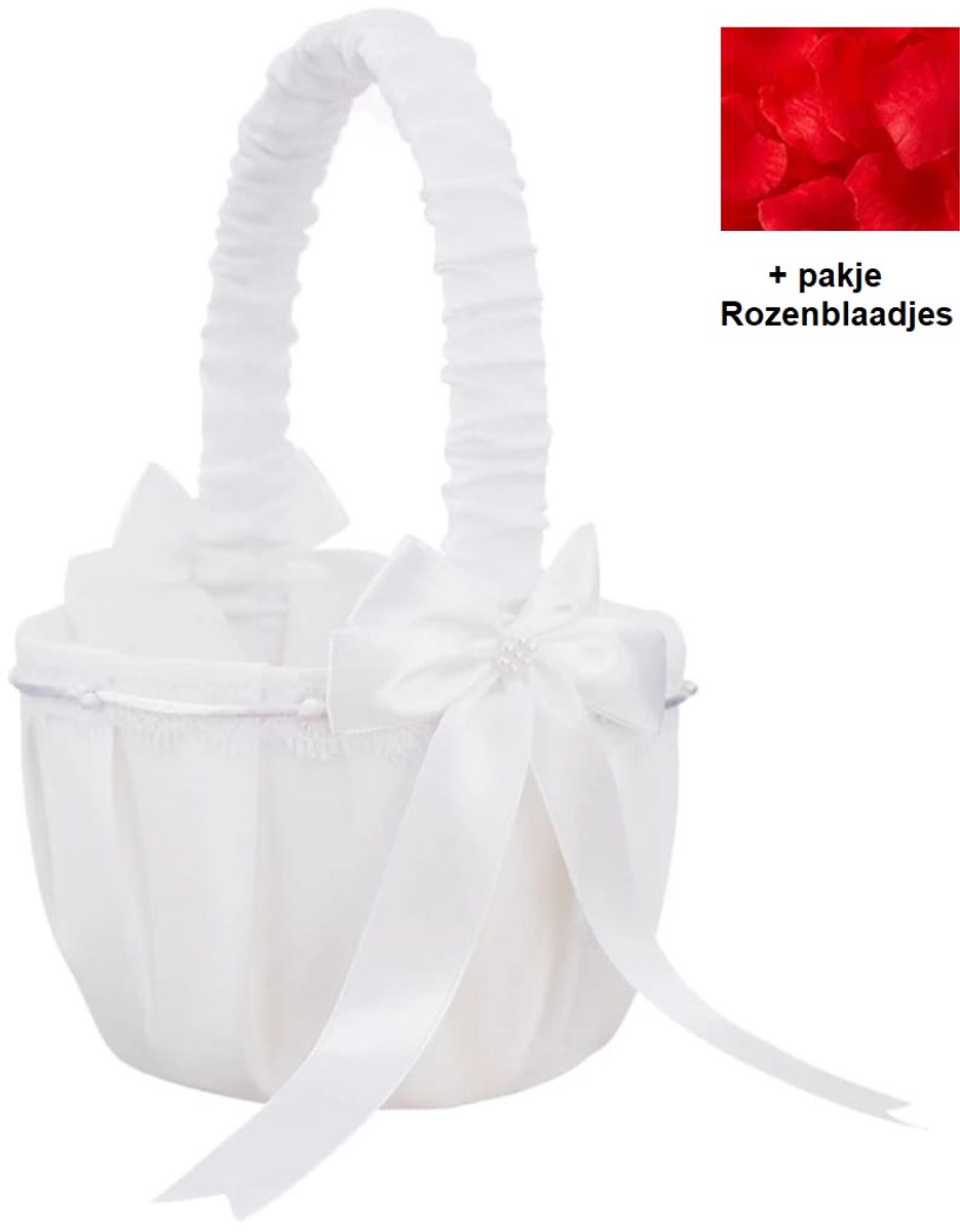 Mooie wit strooimandje bruiloft- Rozenblaadjes mandje voor bruidmeisjes Youhomy Weddingdecor bruiloft | Huwelijksfeest| Versierde mandje satijn, bloem blaadjes