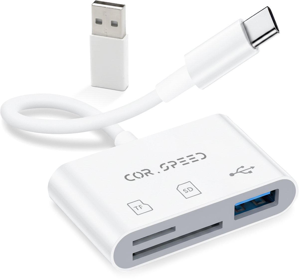 Cor.Speed SD Kaartlezer 3-in-1 - USB-C & USB-A - Smartphone & PC - Wit