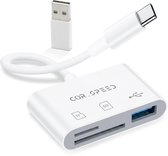 Witte Cor.Speed 3-in-1 kaartlezer met USB-C en USB-A aansluitingen voor TF en SD kaarten.