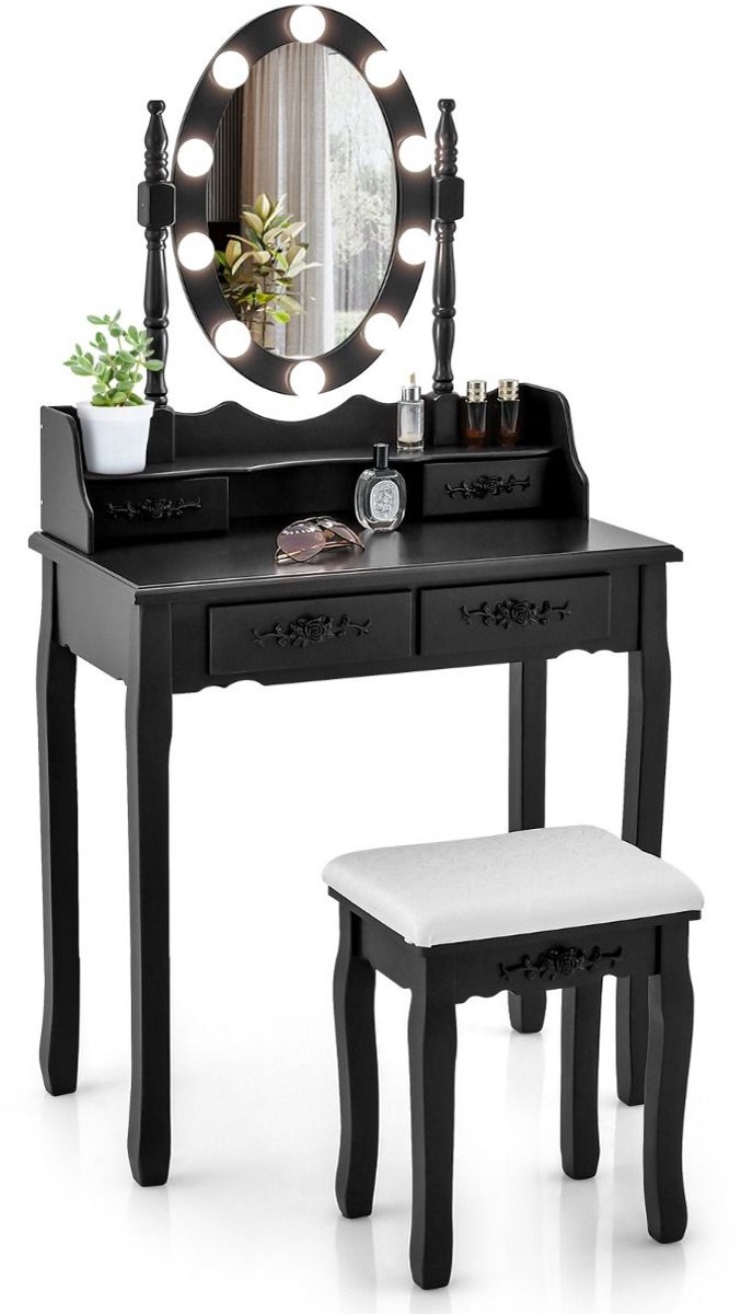 Kaptafel met spiegel en verlichting - Make up tafel - Make up - Toilettafel - Met lades - Zwart