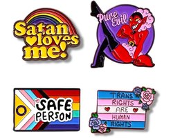 Regenboog & Attitude Pin Set – Set van 4 | Inclusief “Satan Loves Me”, “Pure Evil”, “Safe Person” & “Trans Rights Are Human Rights”