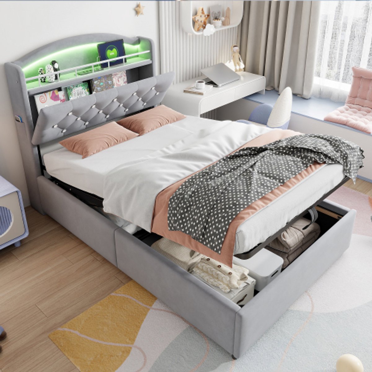 Gestoffeerd Kinderbed 90x200 cm, Fluwelen Eenpersoonsbed met Multifunctionele Opbergruimte, LED-verlichting en USB-poort – Grijs