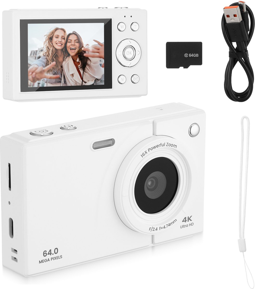 4K Kindercamera - 64MP Foto's & 1080P Video - 16x Zoom - Met Geheugenkaart - Educatief Speelgoed
