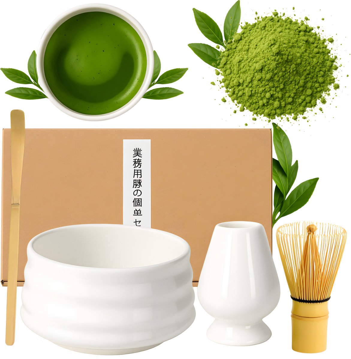 Matcha Thee Set – Wit – 4-delig – Kom, Klopper, Lepel & Houder – Handgemaakt van Bamboe & Keramiek