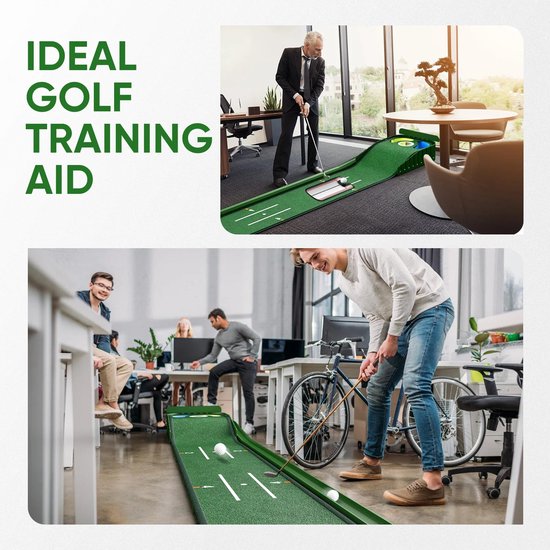 Novendo Goods - Putting mat – Indoor golf mat met automatische balretour - Uitlijningsgeleider en antislip onderzijde – Putting training voor thuis of op kantoor van Novendo Goods — afbeelding 3