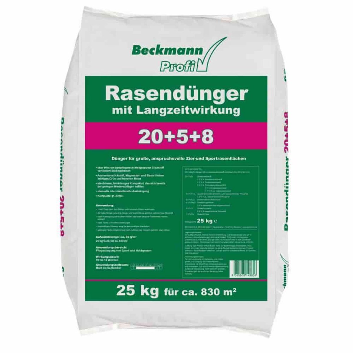 25 kg Rasendünger mit Langzeitwirkung 20+5+8 Beckmann f.ca. 830m²