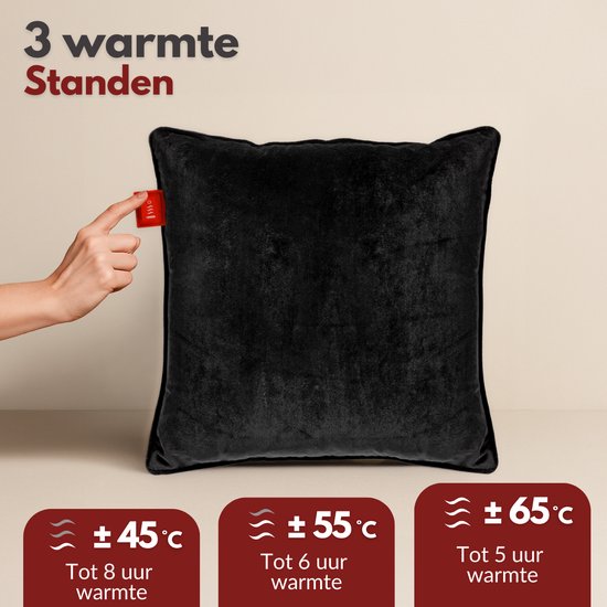 Drie warmtestanden voor het zwarte fluwelen kussen: 45°C (tot 8 uur), 55°C (tot 6 uur) en 65°C (tot 5 uur).