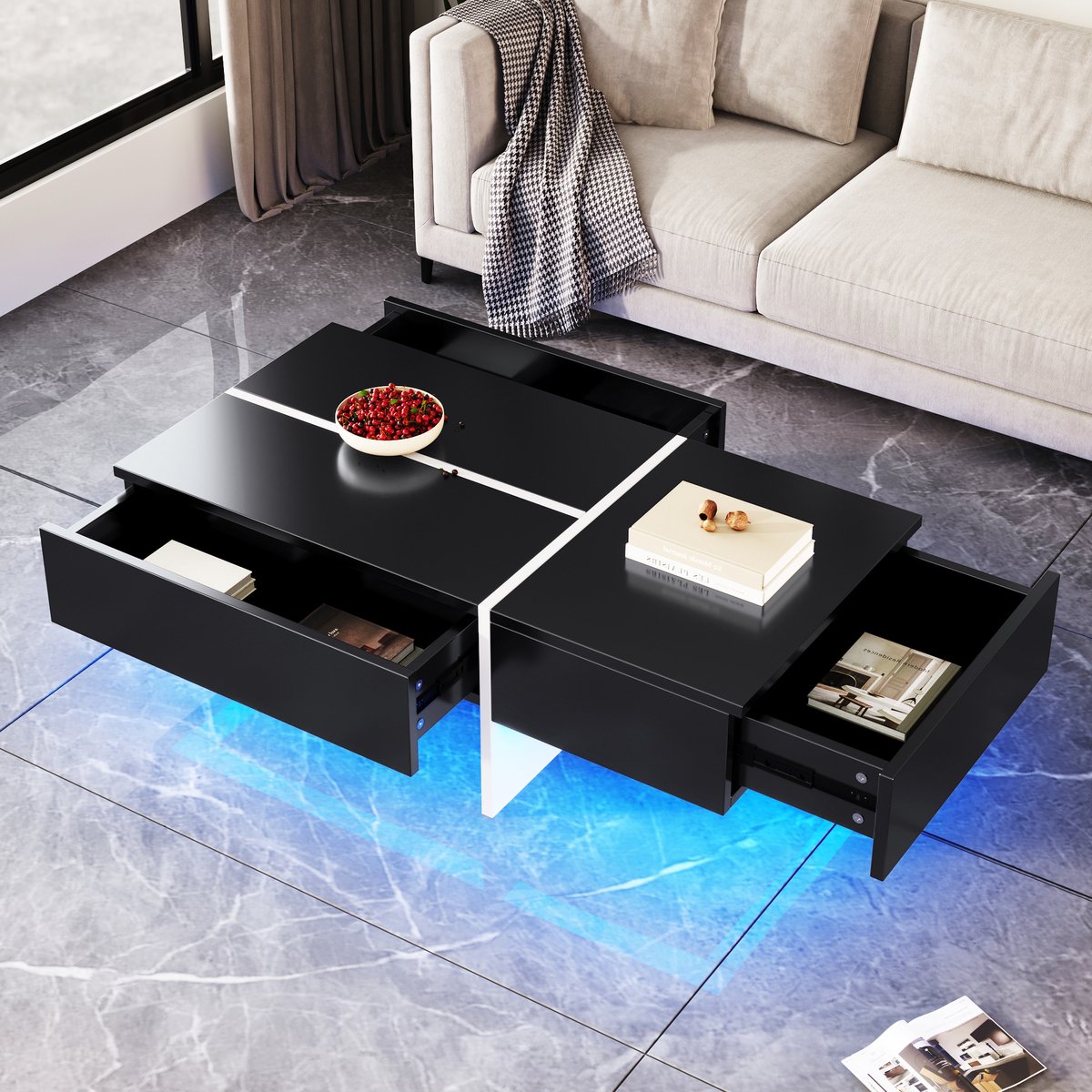 Wishdor Salontafel Hoogglans met Afneembare Opbergbox | Wit-Zwart Colorblock, Meerkleurige LED-kleurwissel, 72×72×30 cm