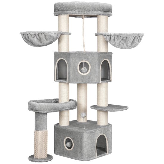 PawHut krabpaal voor katten, hoogte 70 cm, speelgoedvat voor katten, 3 verdiepingen, kattenkrabpaal met 3 grotten, kattenboom, sisalkrabtoren, kattenmeubilair, pluche, grijs