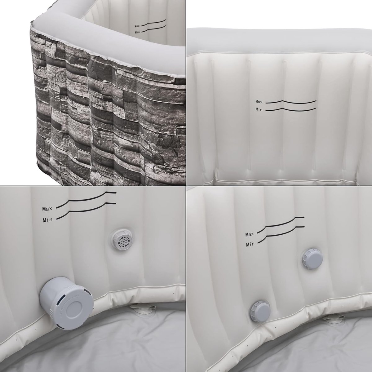 Opblaasbaar Bubbelbad – Luxe 5-Persoons Outdoor Spa “Carosino Elite” – 195x70 cm – 120 Massagestralen – Verwarmbare Jacuzzi met Pomp & Filter – Steenlook & Grijs – Industrial Home