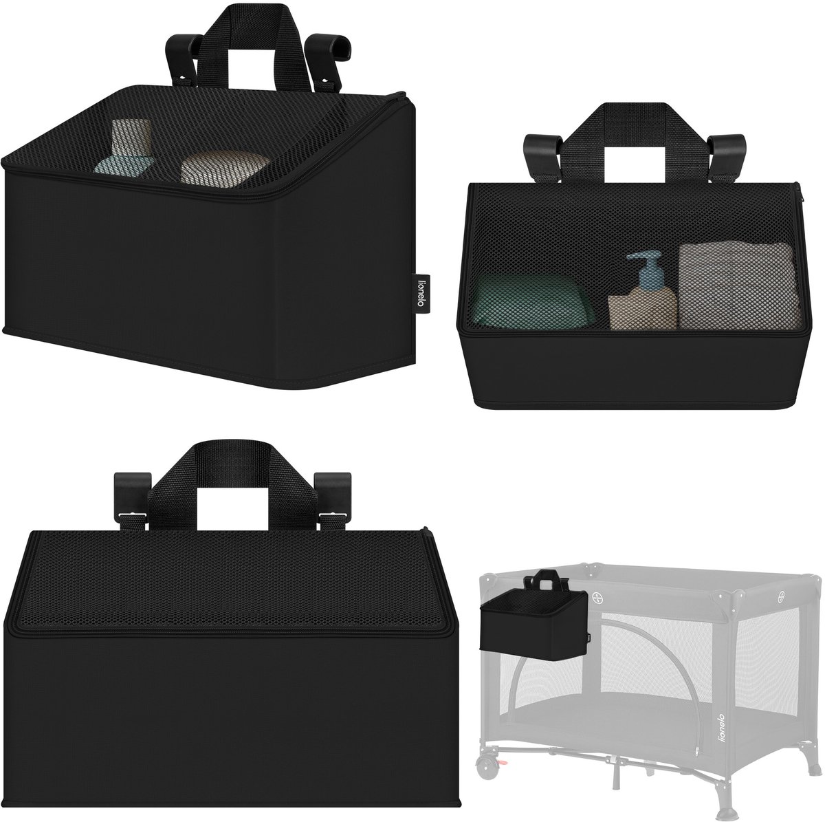 Lionelo Sidepocket Medium – Bedside Pocket Wiegorganizer 43×15×23 cm – 3 ritsvakken & handvat – Voor reisbed, co-sleeper & box – Verstevigd, multifunctioneel & afneembaar