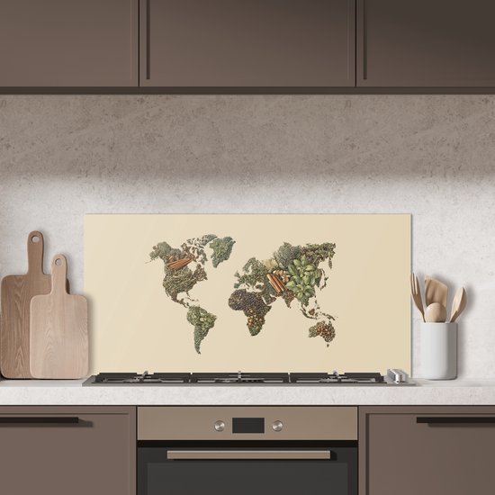 Spatscherm 90x45 cm - Zelfklevende achterwand Wereldkaart - Kruiden - Kleurrijk - Keuken muurbeschermer - Spatwand fornuis