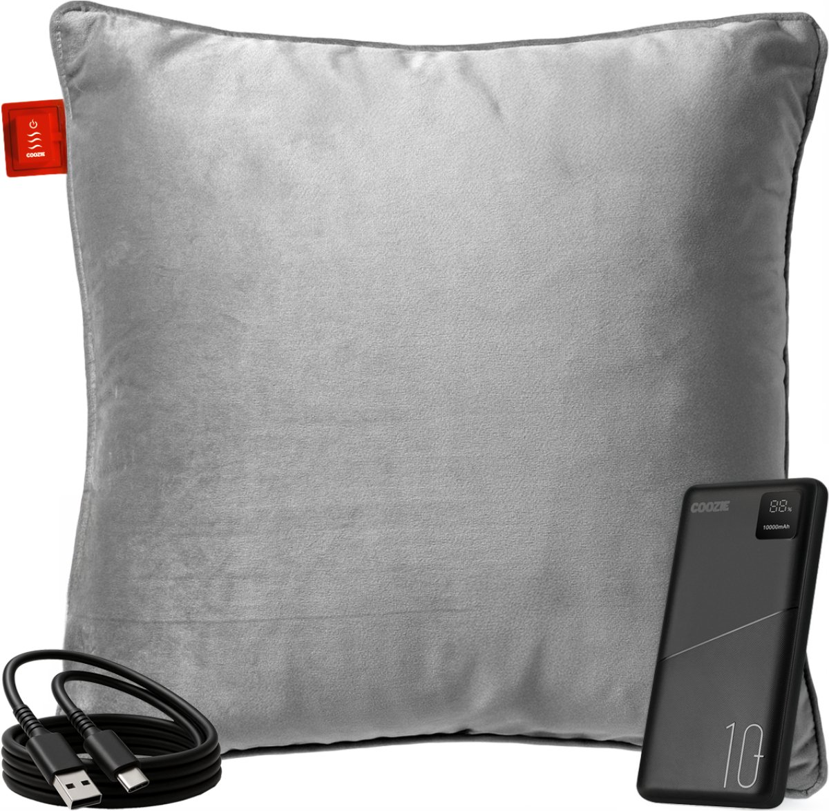 Coozie Oplaadbaar Warmtekussen – Draadloos & Bedraad – 45–65°C – Velvet – 45 x 45 cm – Lichtgrijs – Elektrisch Kussen – Incl. Powerbank – Tot 8 uur warmte