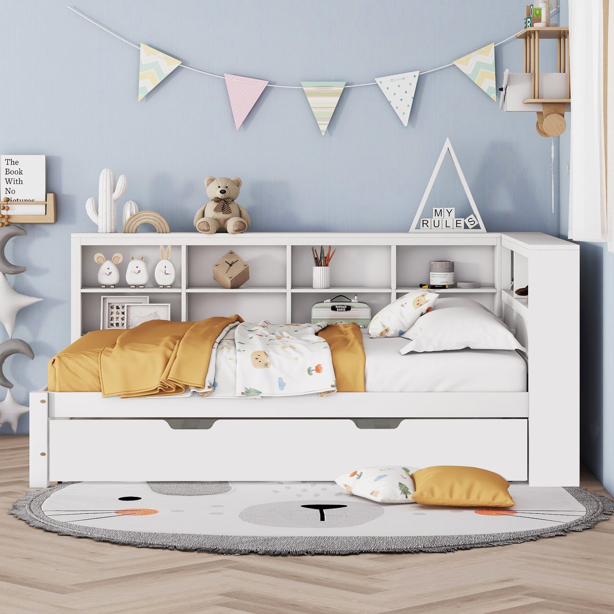 MODFU Massief houten slaapbank 140x200 met uitschuifbed 90x190, ingebouwde USB, opbergruimte, wit