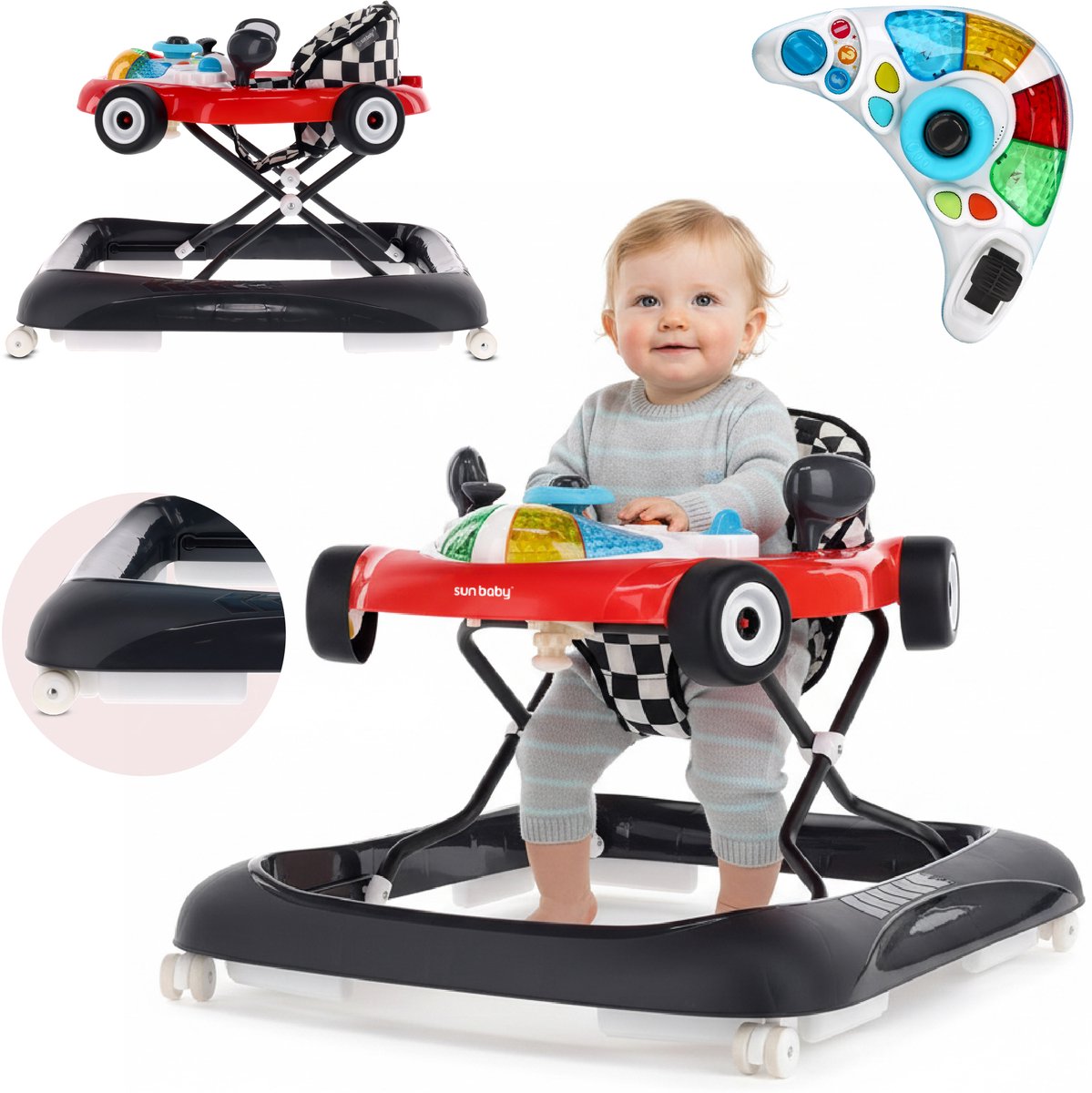 sun baby Loopstoel, baby walker vanaf 6 maanden, verstelbare hoogte, rubberen wielen - Rood-Zwart